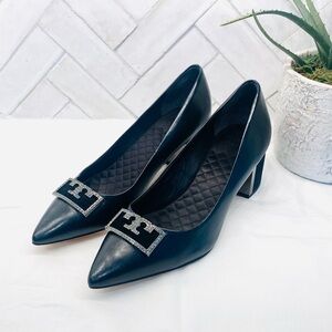 Tory Burch Gigi Black Leather Block Heel Pumps | Size 8